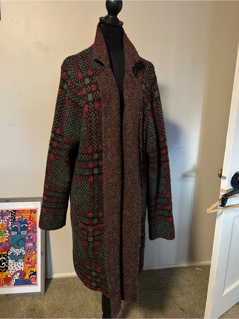 Longline Open-Front Cardigan in Burgundy and Dark Grey Plaid